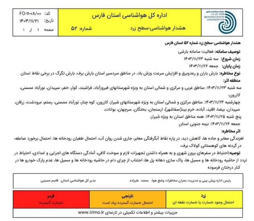 ورود سامانه جدید بارشی به فارس از روز سه شنبه